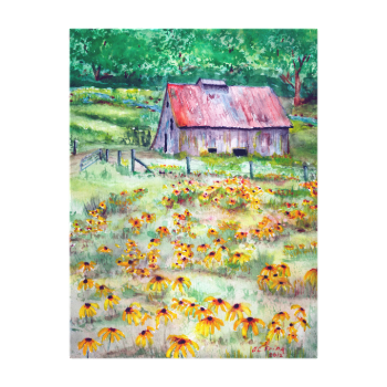 Black-Eyed Susans Wildflower Barn Watercolor Gallery Wrap Canvas