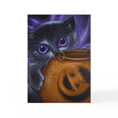 BLACK FAIRY KITTEN CAT HALLOWEEN PUMPKIN BASKET card