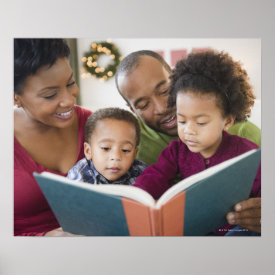 Black family reading book together print