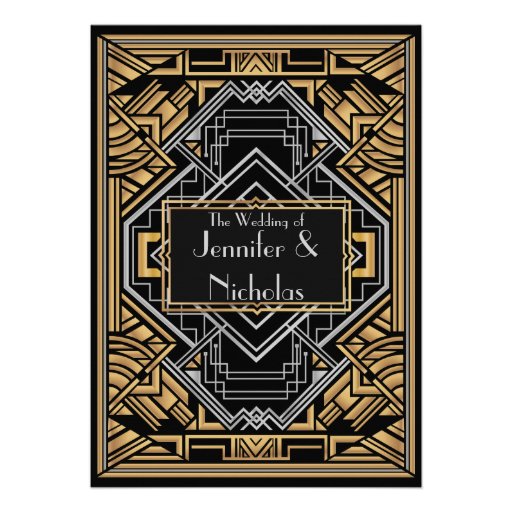 Black, Faux Gold  and Silver Art Deco Gatsby Style Invites