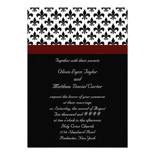 Black Fleur De Lis Red Bow Wedding Invitation
