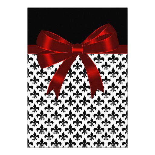 Black Fleur De Lis Red Bow Wedding Invitation