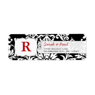 Black Floral Damask Red Font Return Address Label label