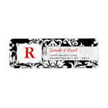 Black Floral Damask Red Font Return Address Label