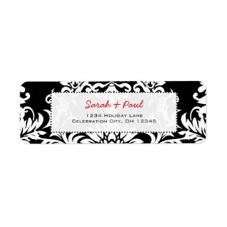 Black Floral Damask Red Font Return Address Label label