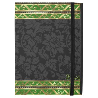 Black Floral Damasks-Green And Gold Border Frame