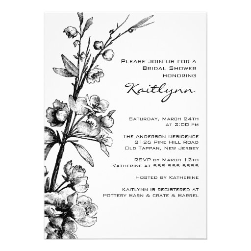 Black Floral on White Bridal Shower Invitation