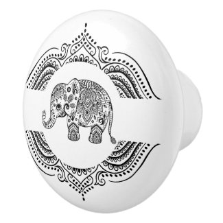 Black Floral Paisley Elephant Ornate Lace Frame Ceramic Knob