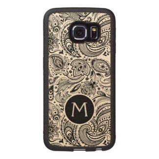 Black Floral Paisley Pattern Monogramed Wood Phone Case