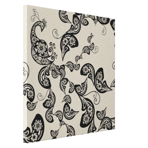 Black Floral Peacock Deco Art Canvas Print