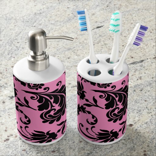 Black Floral (Pink) Soap Dispenser And Toothbrush Holder Zazzle
