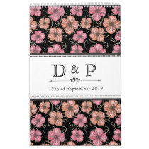 Black Flowers Monogram Wedding Guestbook Wall Calendars