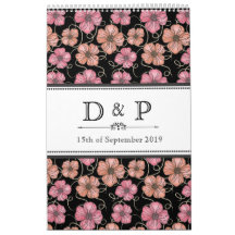 Black Flowers Monogram Wedding Guestbook Wall Calendars