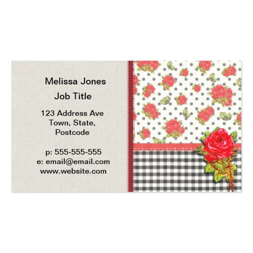 Black Gingham with red roses & dots Business Cards