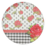 Black Gingham with red roses & dots plates