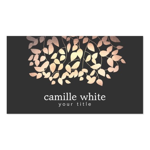 Black & Gold and Pink Foil Look Whimsical Leaves Business Card Templates (front side)