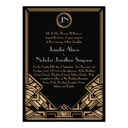 Black Gold Art Deco Gatsby Style Wedding Invites