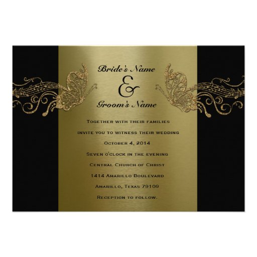 Black Gold Butterfly Music Wedding Invitations