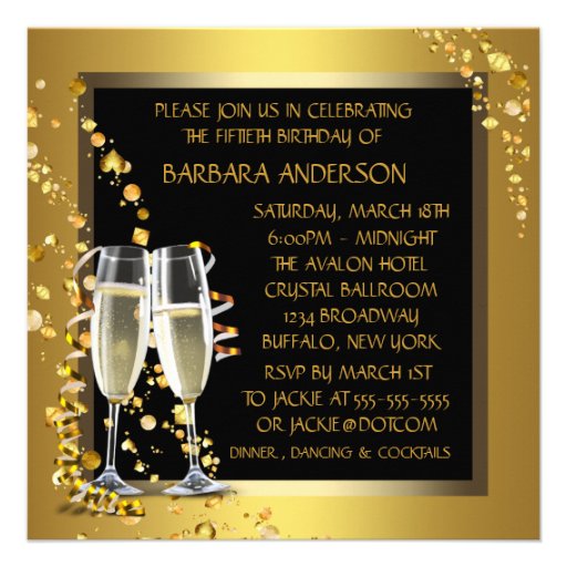 Black Gold Champagne 50th Birthday Party Invites