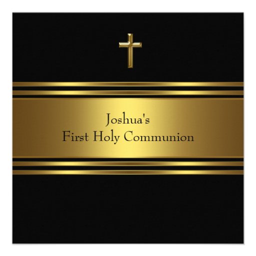Black Gold Cross Boys First Communion Custom Announcement (front side)