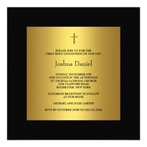 Black Gold Cross Boys First Communion Custom Announcement