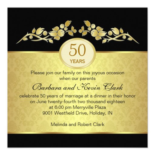 Black & gold, damask 50th Wedding Anniversary Personalized Invitation (front side)