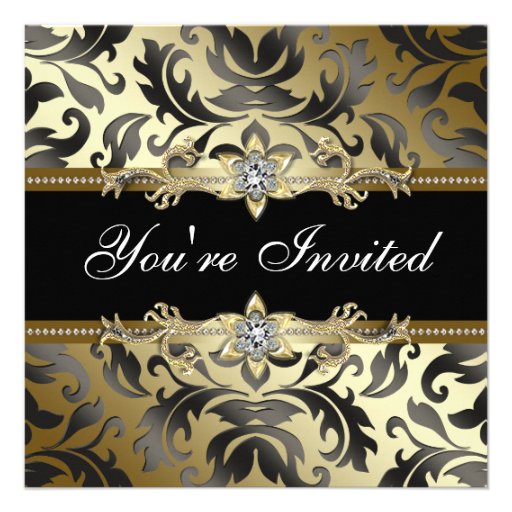 Black Gold Damask All Occasion Party Invitations (front side)