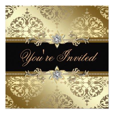Black Gold Damask Black Tie Party Custom Invitation