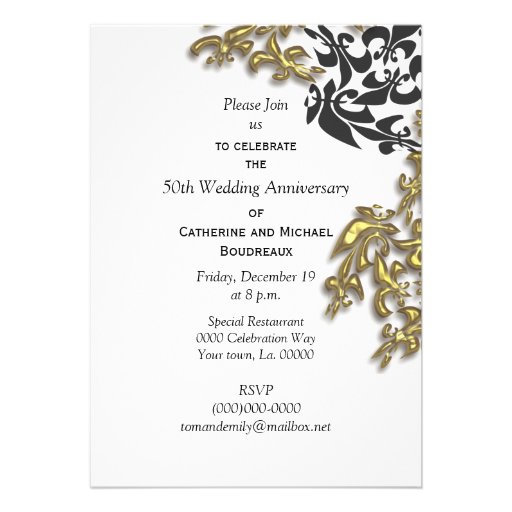 Black Gold Damask Fleur de Lis Anniversary Invitations