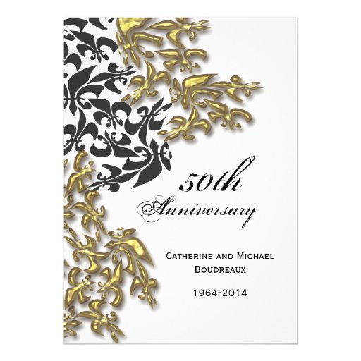 Black Gold Damask Fleur de Lis Anniversary Invitations