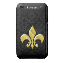 Black/Gold Damask Fleur de Lis iPhone 3 Covers
