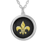 Black/Gold Damask Fleur de Lis Personalized Necklace