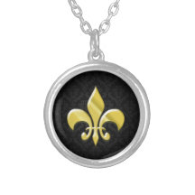 Black/Gold Damask Fleur de Lis Personalized Necklace