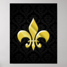 Black/Gold Damask Fleur de Lis Print