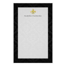 Black/Gold Damask Fleur de Lis Customized Stationery