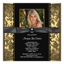 Black Gold Damask Photo Graduation invitations