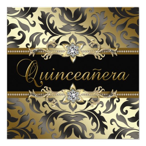 Black Gold Damask Quinceanera Invitations