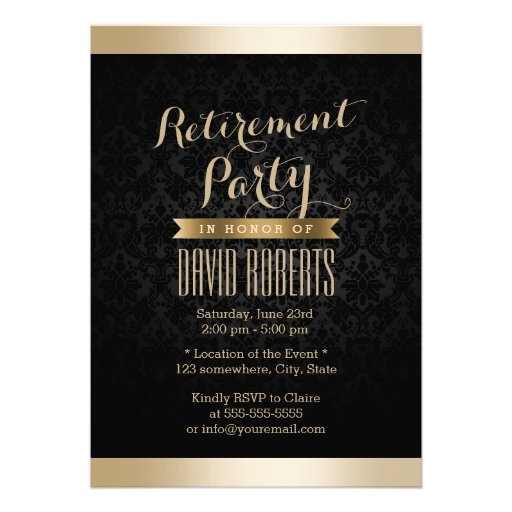 Black & Gold Damask Retirement Party Invitations (front side)