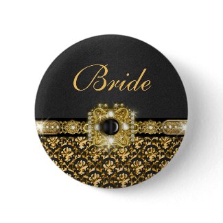 Black gold damask wedding bride button