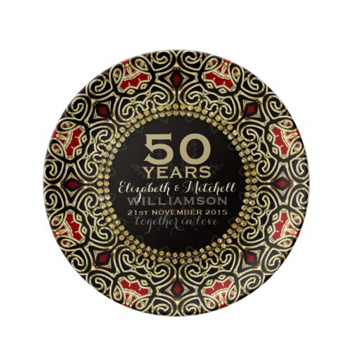 Black+Gold Decor Modern Damask 50th Anniversary Porcelain Plate