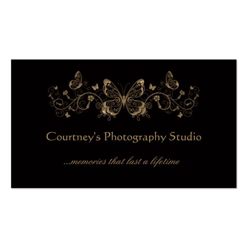Black Gold Filigree Butterflies Business Cards (front side)