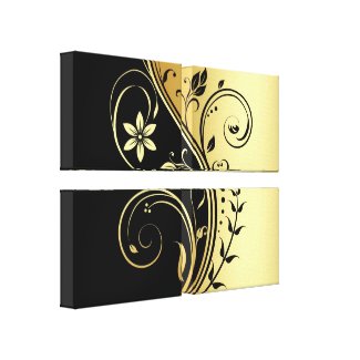 Black &amp; Gold Floral Scroll Quad Canvas Print