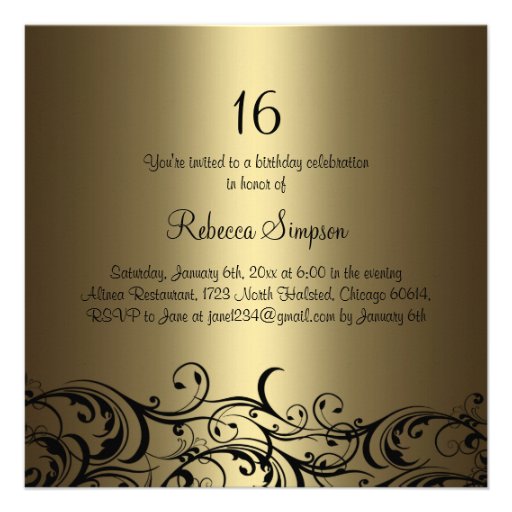 Black/Gold Floral Sweet Sixteen Invite
