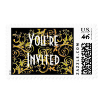 Black & Gold Flourish "You're Invited" Postage postage