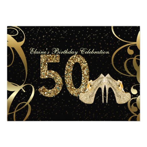 Black Gold Glitter 50th Woman Birthday Invitation