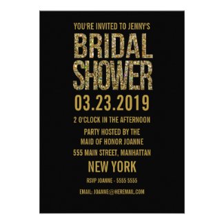 Black Gold Glitter Typography Bridal Shower Invite