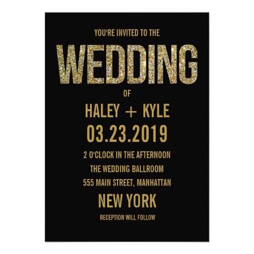 Black & Gold Glitter Typography Wedding Invitation