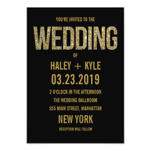 Black & Gold Glitter Typography Wedding Invitation