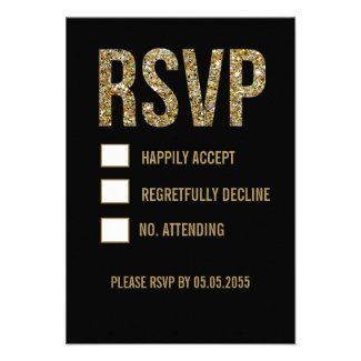 Black & Gold Glitter Typography Wedding RSVP Cards