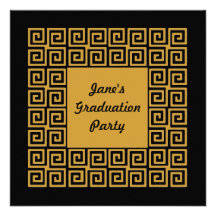 Black Gold Greek Key Pattern Grad Party Invitation
